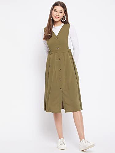 Image of WineRed Women Soild Pinafore Dress with Button