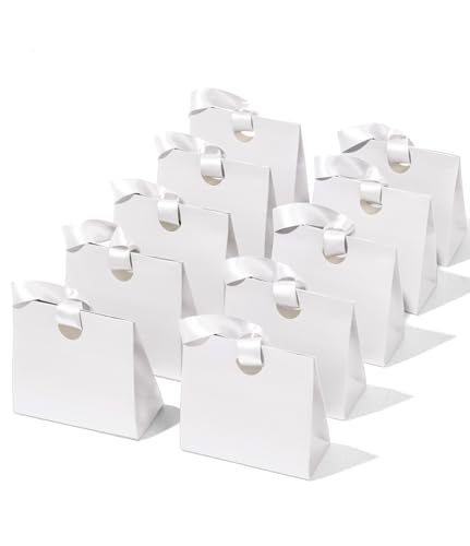 Vitalizart Bolsas de Regalo Blancas Pequeñas 20 cm × 9 cm × 18 cm Con Asas de Cinta, Paquete de 10 Bolsas de Regalo de Papel Para Cumpleaños, Baby Shower, Boda, Bautizo, Navidad