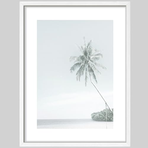 SIGNWIN Framed Poster Tropical Palm Tree Serene Beach Scene with Clear Sky Illustrations Nature Wilderness Minimalist Decorative for Living Room, Bedroom, Office - 11"x14" White