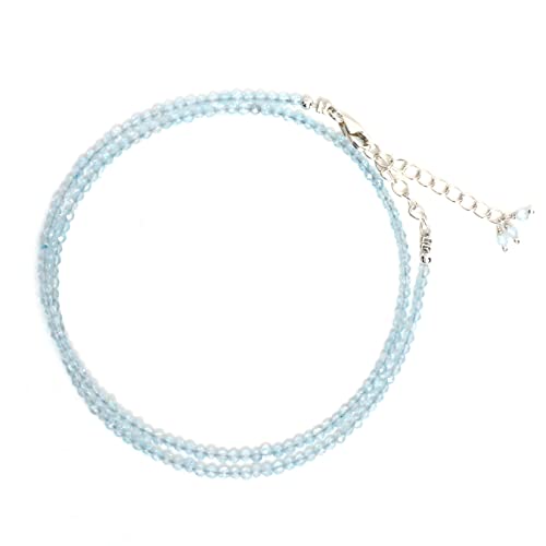 Natural Blue Topaz Beaded Gemstone Choker Necklace,Faceted Beads, Birthstone Necklace, Energy Healing Crystal, Gift For Her, 925 Sterling Silver Jewelry 18 Inch (Blue Topaz)