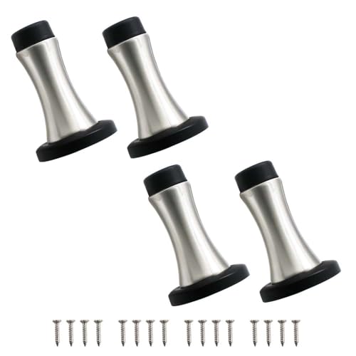Image of Volo Set of 4 Pcs Heavy Duty Stainelss Steel Wall Mounted Door Stops, Rigid Door Stopper with Low Mounted Black Rubber Bumper Tips, Protect Wall & Door for Kitchen, Bedroom, Office (4)