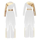 ranrann Women 2 Pcs Praise Dance Outfit Metallic Block Asymmetric Hem Dress Wide-Leg Pants Worship Liturgical Dancewear White Medium