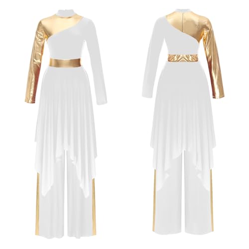ranrann Women 2 Pcs Praise Dance Outfit Metallic Block Asymmetric Hem Dress Wide-Leg Pants Worship Liturgical Dancewear White Medium