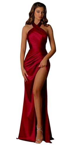 Image of OFEECHUN Halter Satin Bridesmaid Dresses for Women Mermaid Prom Dress Long Evening Formal Gowns