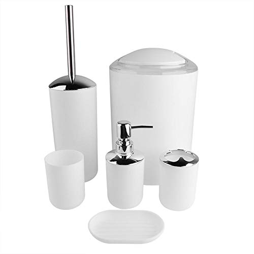 GOTOTOP Bathroom Accessory Set, 6-Piece Plastic Set: Toothbrush Holder, Soap Dispenser, Soap Dish, Toilet Brush Holder, Trash Can, Rinsing Mug (White)