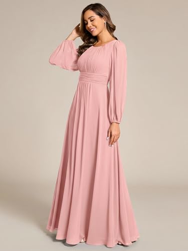 Image of Ever-Pretty Women's Crewneck Long Lantern Sleeves Floor Length A-Line Pleated Chiffon Formal Dress 0106B