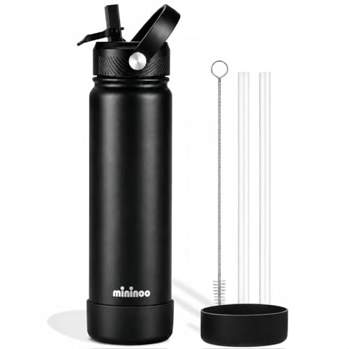 Image of Mininoo 24 oz Insulated Ceramic-Lined Water Bottle with Straw, Black