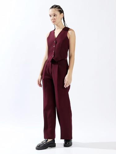 Image of High Star Women Solid Regular length Tailored Fit V neck Sleeveless Waistcoat and Wide leg Trouser Co-ord Set
