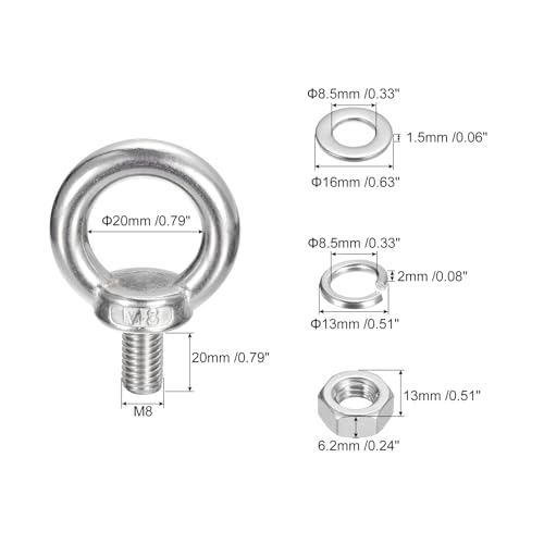 Image of uxcell Lifting Eye Bolt, 4 Sets M8 x 20mm Eye Bolt with Nut Washer 304 Stainless Steel Shoulder Lifting Ring Eye Bolt for Hanging Item