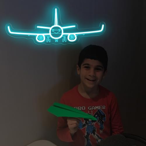 Image of Airplane Neon Sign, Handmade LED Light, Airplane Wall Decort, Gifts for Pilot, Aviation Lover Gift, Kids Room Decor, 16.5 inchx6.5 inch, Ice Blue