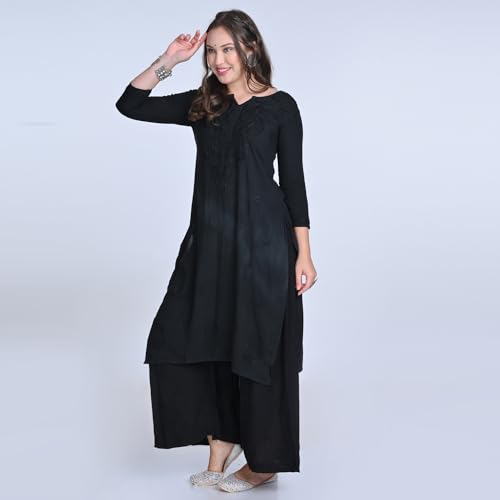 Image of Women's Lucknowi Chikankari Hand-Embroidered Rayon Dyed Kurta, Palazzo & Dupatta 3-Piece Set | Festive, Ethnic & Casual Suit