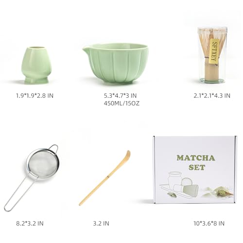 Matcha Whisk Set, Matcha Set Includes Ceramic Matcha Bowl, Bamboo Whisk, Scoop, Chasen Holder, Sifter - 5 Pcs Perfect Matcha Kit for Macha Lover (Emerald Green)