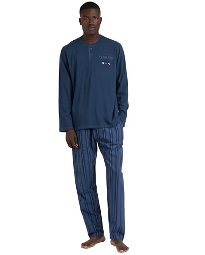 ANTONIO MIRO Pijama Hombre Marine Flags de Algodón con Manga Larga Cuello con Tapeta Pantalón Largo Popelín de Raya Tejida Bolsillos y Bordados Color