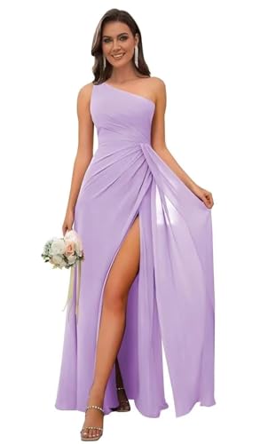 Image of Bolodoo One Shoulder Bridesmaid Dresses for Women Ruched Chiffon A Line Evening Formal Gown with Slit