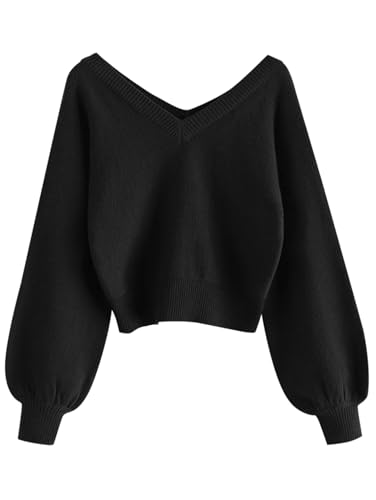 ZAFUL Women's Raglan Long Sleeve Double Side V Neck Short Crop Sweater Casual Loose Fit Knit Top Sweaters
