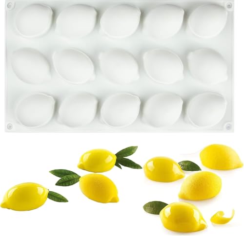 AFINSEA Lemons Shape Silicone Chocolate Mold for Baking Mousse Cake, 3D Silicone Baking Mold for Pastry Candy Cake Decoration (15-Cavity)