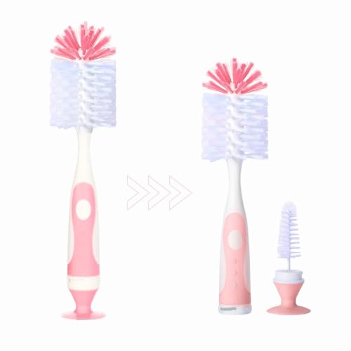 MADMOM 2-in-1 Baby Bottle Brush & Teat Brush with Suction Cup Stand Soft Bristles Non-Scratch Cleaning BPA-Free Durable Cleaning for Baby Feeding Bottles & Nipples | Pink