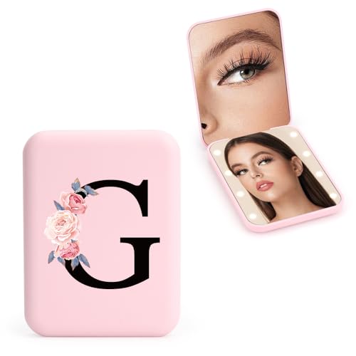 FIDWALL Personalizzato 1X/3X specchio ingranditore da viaggio, specchio portatile a LED, specchietto da borsetta, specchio tascabile iniziale, ragazza amica mamma insegnante damigella (G)