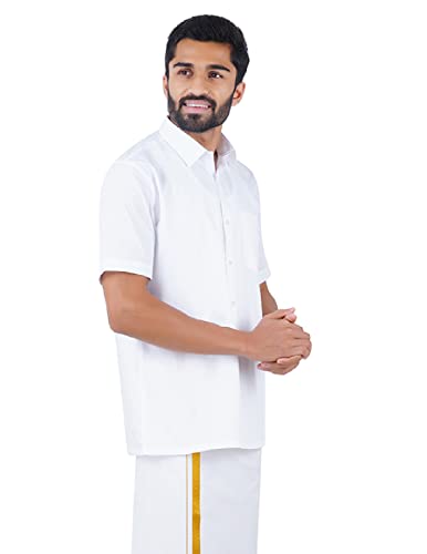 Image of RAMRAJ COTTON Men White Cotton Rich Half Sleeve Collared Classic Shirt