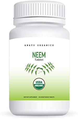 100% Organic Neem 820MG for Healthy Skin, Preventing Mild Acne, Detoxify Body, Blood Cleanser & Purifier. 120 Vegetarian Tablets.