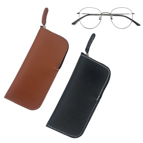 JEYORZY 2 Piezas Funda Gafas Cuero, Portátil Funda De Gafas Suave Con Cremallera, Pu Lectura Estuche Para Hombre Mujer Niña Niño(Negro, marrón)