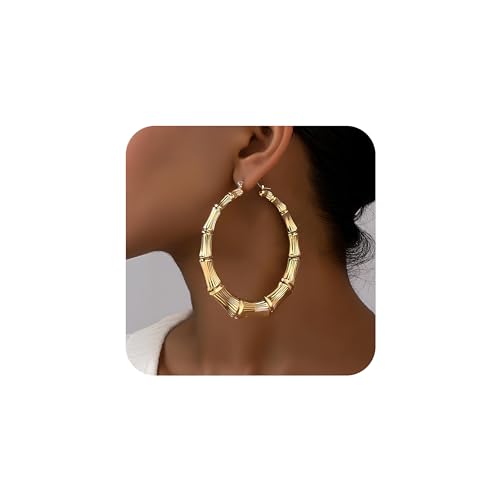 Bamboo Earrings Large Gold Bamboo Hoop Earrings 80s 90s Earring African Jewelry for Women Gifts Party Hip Hop Jewelry (Gold)