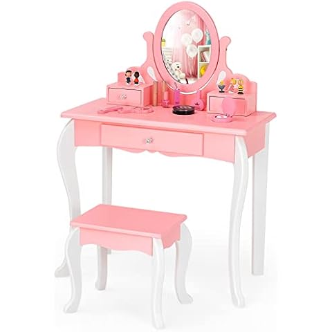 GYMAX Kids Dressing Table Set with Mirror Cover