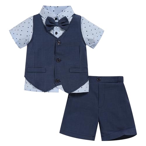 Toddler Boy Gentleman Outfits Short Sleeve Dots Bowtie Shirt with Vest and Shorts Formal Wedding 3Pcs Suit Set Navy Blue 18-24M
