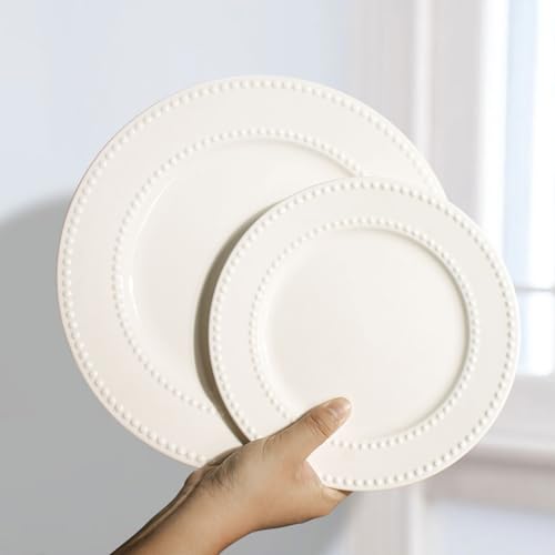 Wareland Dinner Plates Set of 4, 10.5 inch White Ceramic Plates, Embossed Salad Plates, Serving Plates for Steak Appetizer, Reusable Kitchen Dining Plates for Restaurant, Dishwasher Microwave Safe by Wareland - Image 4