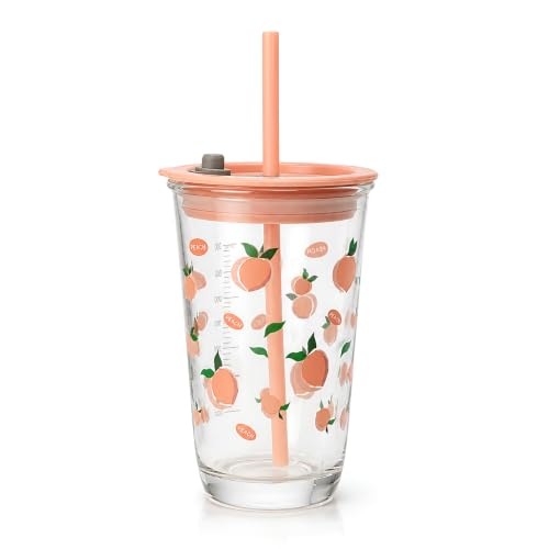 Image of Allo Reusable Glass Mug Sipper Tumbler with Straw, Unique 2 in 1 ANTI Spill Lid | Microwave Safe Leakproof Glass with Anti-Slip Grip for Hot & Cold Coffee| Car, Office, Travel use | 450ml (Pink Peach)