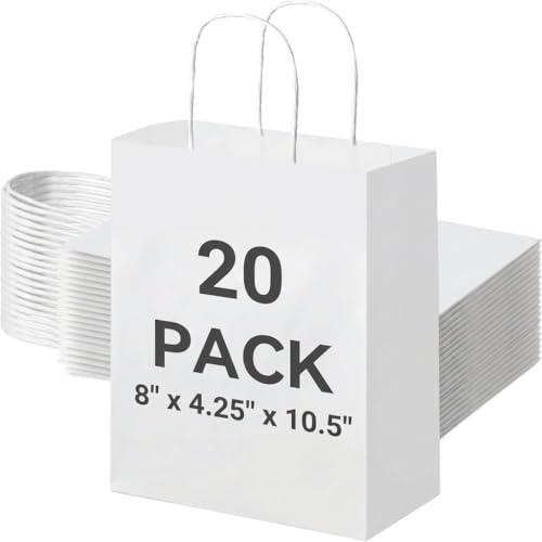 METRONIC White Paper Bags 8X4.25X10.5 20Pcs, Gift Wrap Bags with