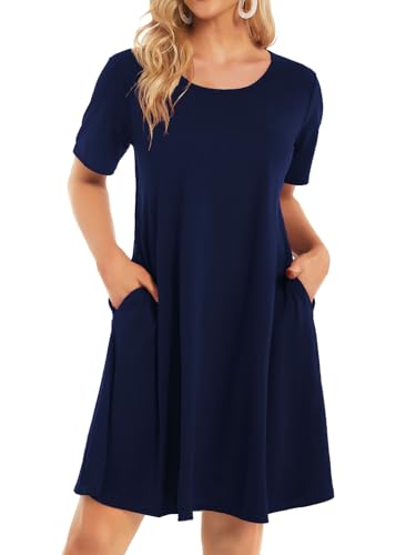 elescat Sundress Dresses with Pockets for Woman Casual Summer Beach T Shirt Short Sleeve Loose Fit (Navy Blue, M)