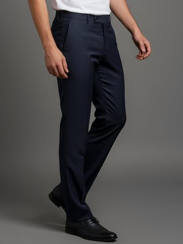 Image of LIVE IN Mens Navy Blue Cotton Slim Fit Mid Rise Solid Formal Trousers