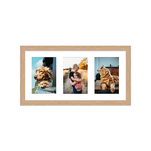 Oak Multi Photo Frame - Holds 3 x 6x4 Pictures Family Collage Picture Frame for Wall Display 8x16 Panoramic Frame Size Pack of 1