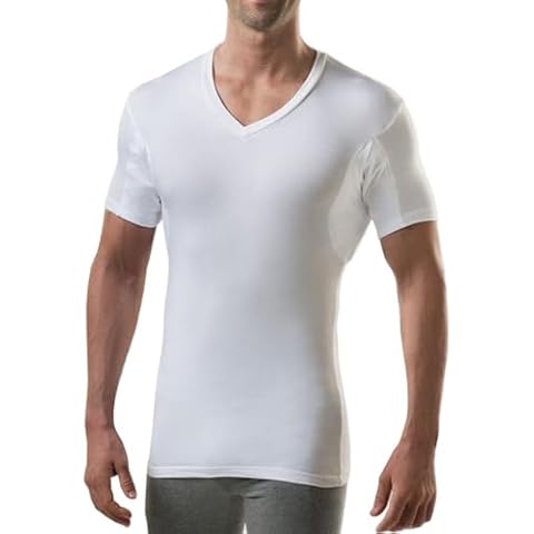 Men's Sweatproof Undershirt | V Neck T-Shirt with Underarm Sweat Pads | Slim Fit | Aluminum-Free Alternative | White | Large Cover