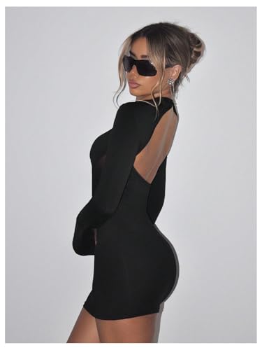 Image of SHENHE Women's Sexy Open Back Sheer Mesh Long Sleeve Backless Bodycon Party Mini Dress