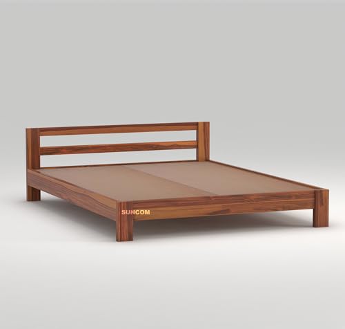 Image of SUNCOM Wooden Low Height Queen Size Bed Without Storage | Wooden Platform Bed | Space Saving Low Floor /Lying /Rise /Level /Profile Cot Bed for Bedroom | Basic Headboard | Honey Finish