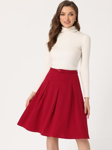 Image of Allegra K Women's Office Work Skirts Belted Waist Midi A-Line Pleated Skirt