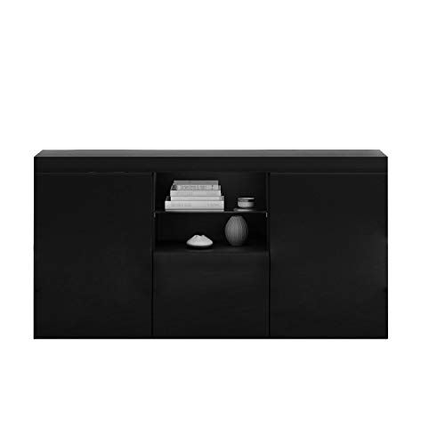 Panana Modern Hight Gloss Front Livingroom Cabinet with 3 Door, RBG LED Cupboard Sideboard Display Storage TV Unit Stand (Black)
