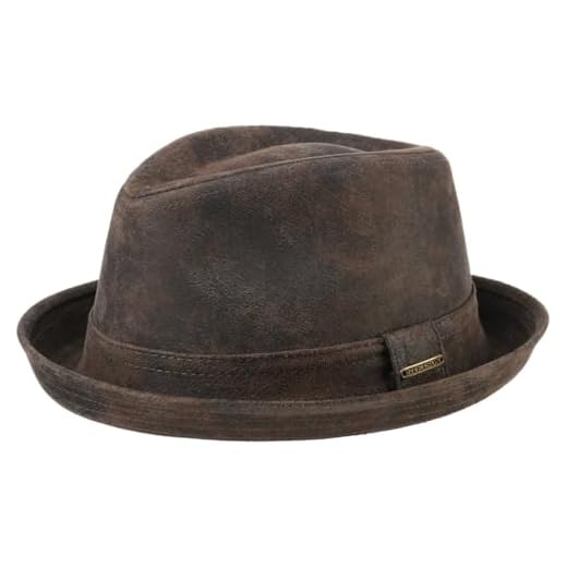 Stetson Radcliff Player Lederhut Damen/Herren - Pork Pie aus Leder - Fedora-Hut mit Futter aus Baumwolle - Player-Hut mit Krempe - Einfarbiger Ledertrilby Sommer/Winter braun L (58-59 cm)