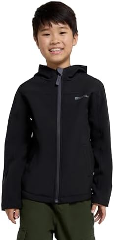 Mountain Warehouse Exodus Kids Softshell Jacket With Hood -Girls Boys Black Kids 11-12 Yrs (140-152 cm)