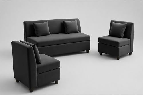Image of 3+1+1 Modern Velvet Fabric Sofa Set for Living Room | Three Seater Sofa with 2 Single Seater Chairs | for Home, Office| Black