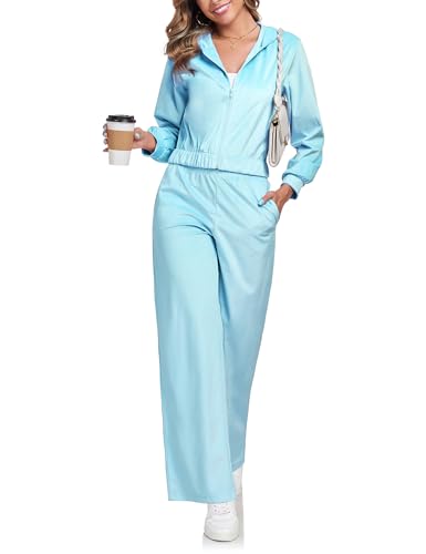 Womens Casual Velour Tracksuit Set Fall Sweatsuits 2 Piece Outfits Lounge Sets Full Zipper Hoodie Wide Leg Pants Set