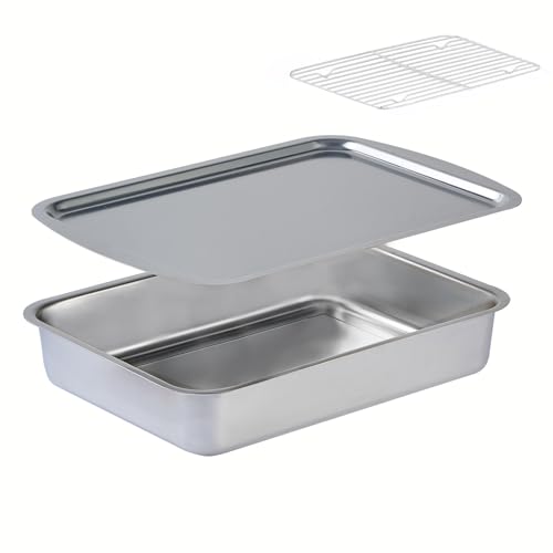 304 Stainless Steel Lasagna Pan with Lid & Rack, 9x13x2.4 Inch 4QT Large Nonstick Lasagna Baking Roaster Dish Pan for Oven