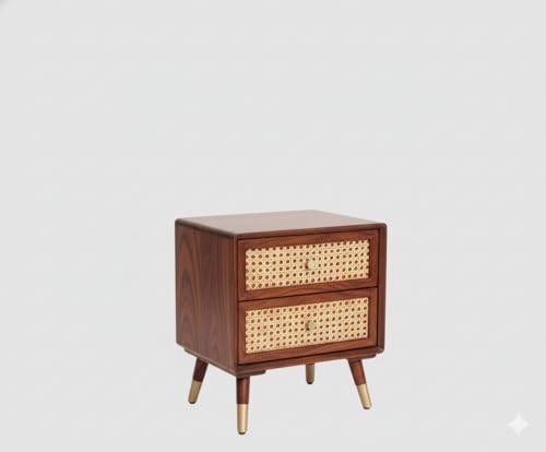 Image of MISAN Boston Solid Wood Bedside Table with Rattan Drawers Mid Century Night Stand for Living Room | Cane Mid Century Modern Side Table with 2 Drawers-Multipurpose use for Living Room, Bedroom (S-Hony)