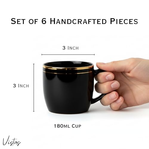 Image of Vistas Black Gold Line Ceramic Tea Cups Set of 6, 180ml | Porcelain Tea Cups, Tea Cups Set of 6 | Glossy Finish | Premium Ceramic | Perfect for Every Occasion