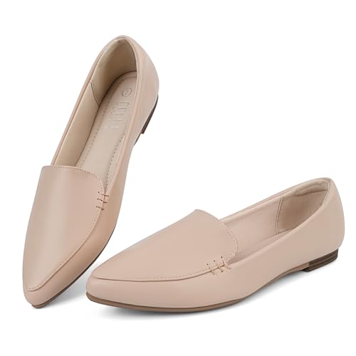 MUSSHOE Women's Nude Pu Loafer, Pointed Toe, Flats Shoes, Size 7, Comfortable and Versatile, Premium Vegan Material, Non-Slip Soles