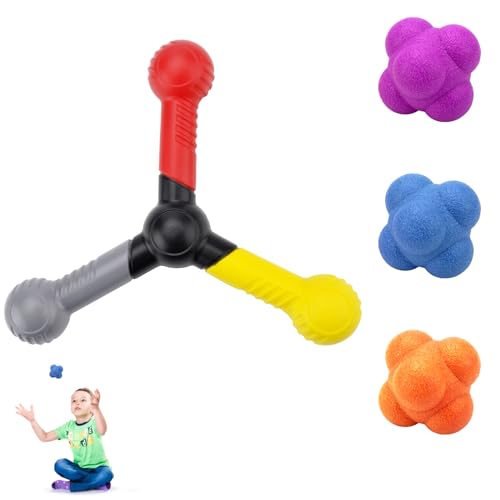 Reactive Catch Trainer Lot de 4 balles de réaction comprenant 1 entraîneur, 3 balles de réaction sportives, pour améliorer la mobilité, les réflexes, la coordination œil-main pour le sport et le