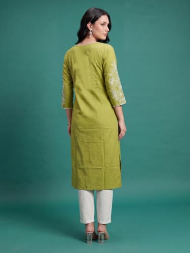 Image of INDO ERA Women's Cotton Straight Fit Floral Embroidered Kurta (KT0GN9776)