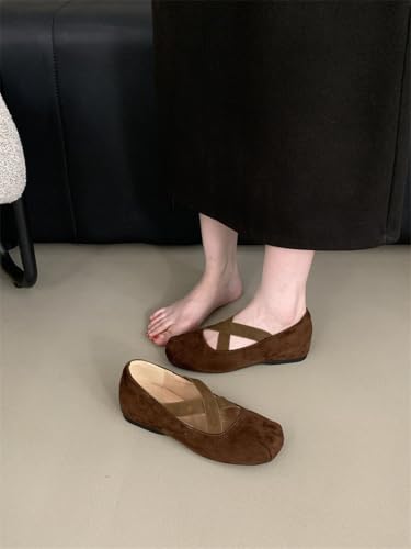 Square Toe Ballet Flats for Women with Hidden Wedge Suede Cross Strap Flats Comfortable Walking Shoes for Daily Office Wear3